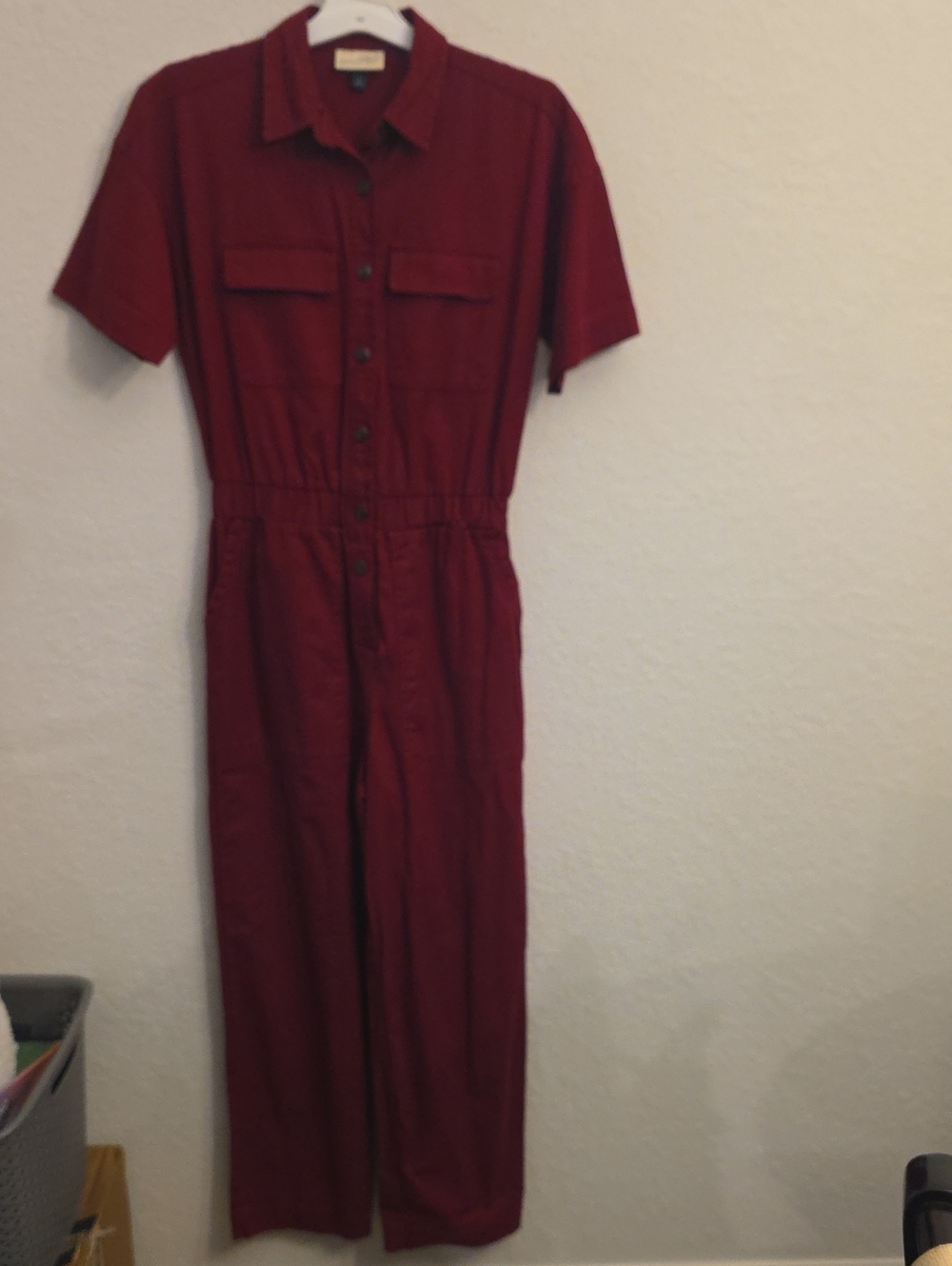 Universal Thread Short-Sleeve Button-Front Jumpsuit in Wine Red